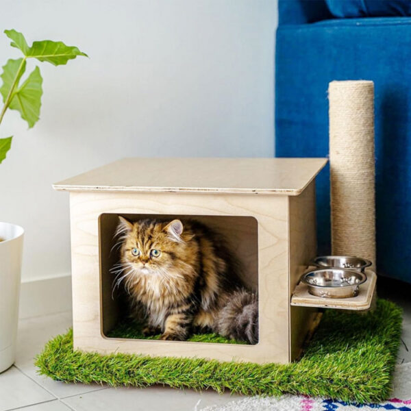 Modular Cat House with Scratching Post & Feeding Station