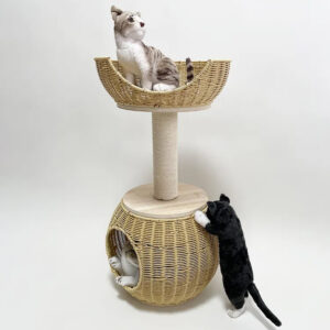 Compact Multi-Level Cat Tree with Rattan Scratching Post and Plush Perch