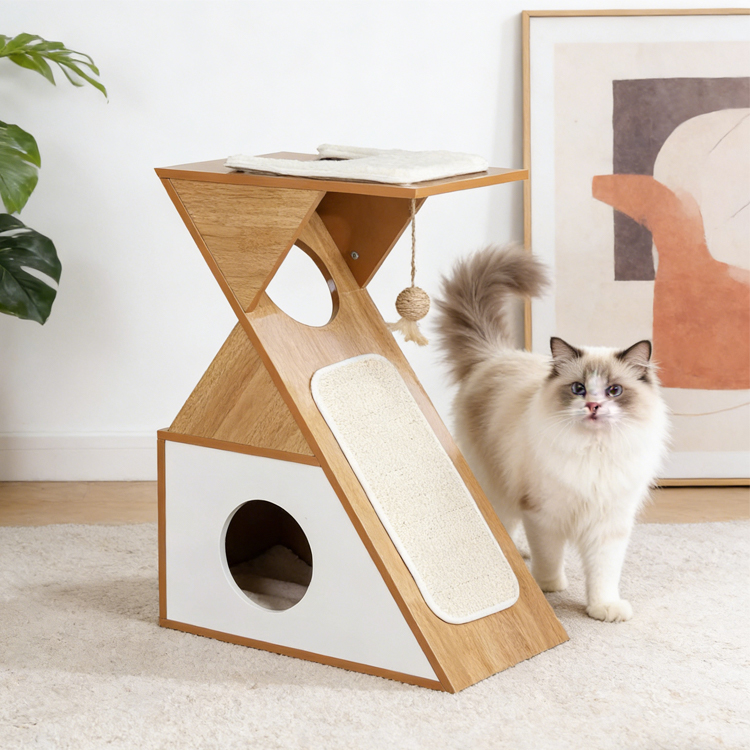 Modern Z-Shaped Wooden Cat Tree with Scratching Ramp and Condo - Wood ...
