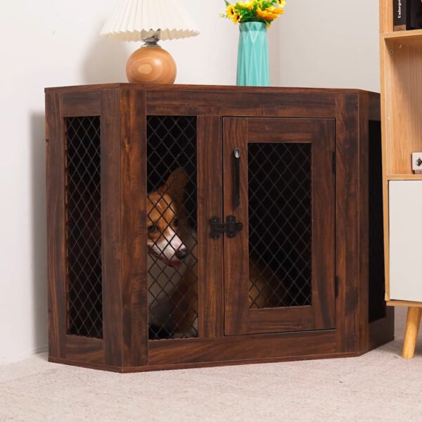 Corner Dog Crate End Table with Ventilated Wooden Design