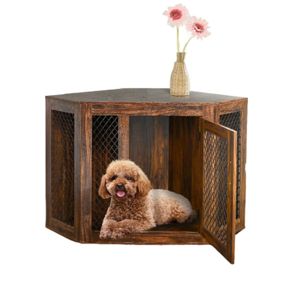 Corner Dog Crate End Table with Ventilated Wooden Design