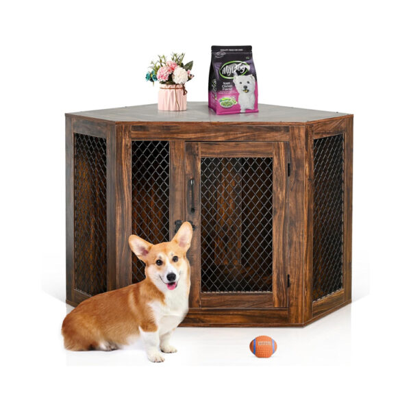 Corner Dog Crate End Table with Ventilated Wooden Design