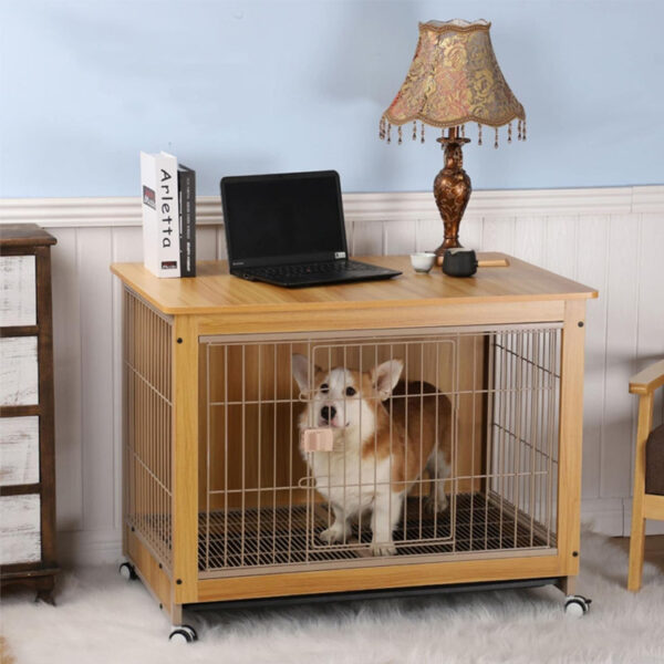 Modern Indoor Dog Crate with Wheels and End Table Design