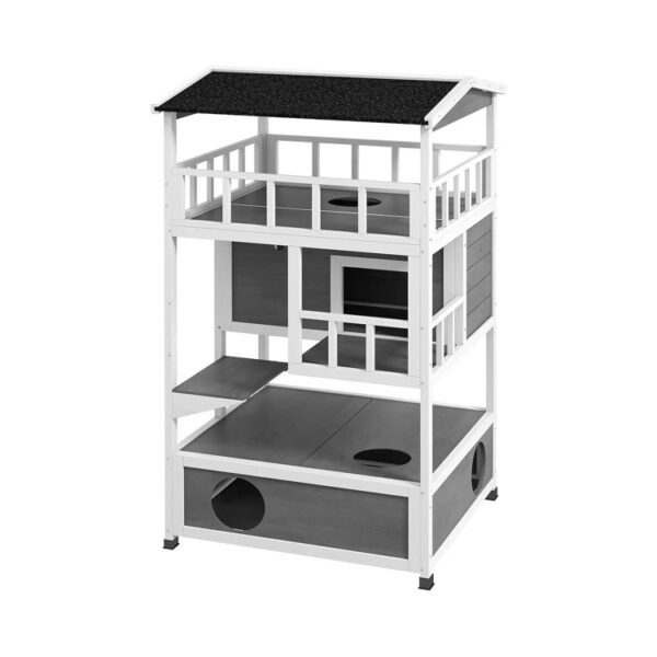 Triple-Tier Wooden Cat House with Roooftop Balcony