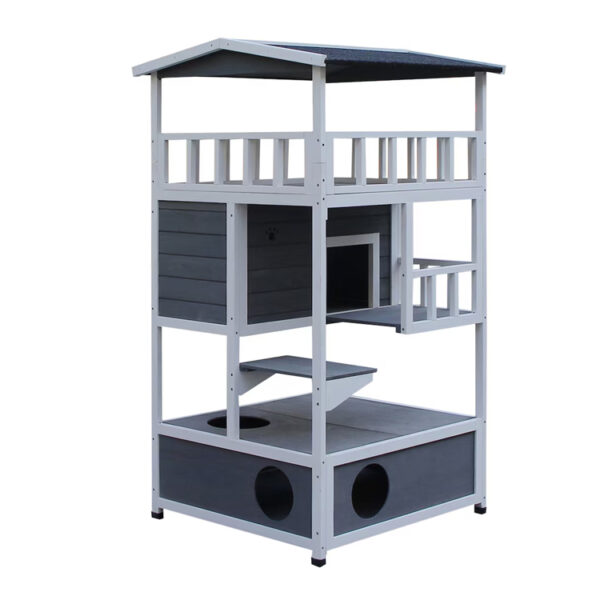 Triple-Tier Wooden Cat House with Roooftop Balcony