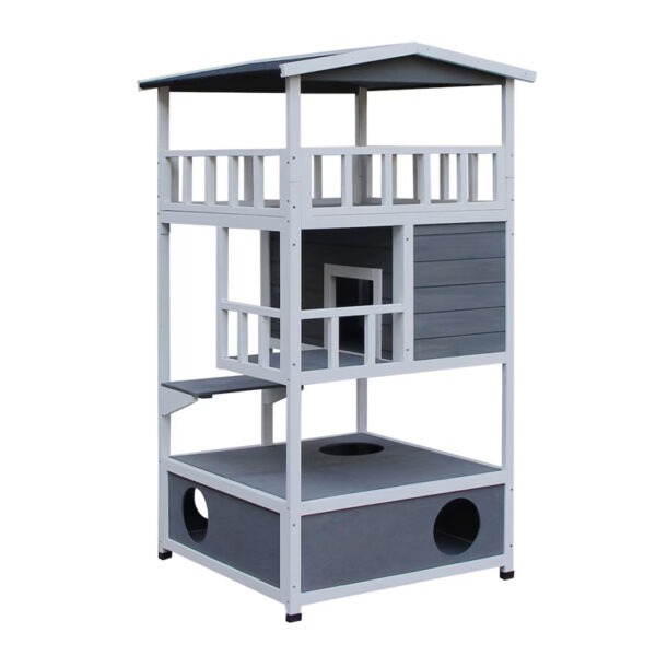 Triple-Tier Wooden Cat House with Roooftop Balcony