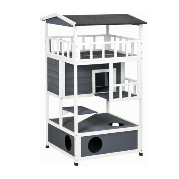 Triple-Tier Wooden Cat House with Roooftop Balcony