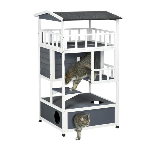 Triple-Tier Wooden Cat House with Roooftop Balcony