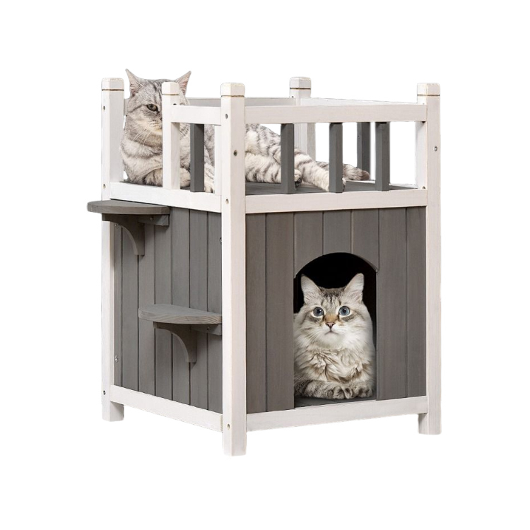 Two-Tier Wooden Cat House - Weatherproof IndoorOutdoor Shelter