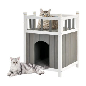 Two-Tier Wooden Cat House - Weatherproof IndoorOutdoor Shelter