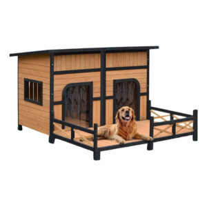 Wooden Dog Kennel with Patio and Dual Doors