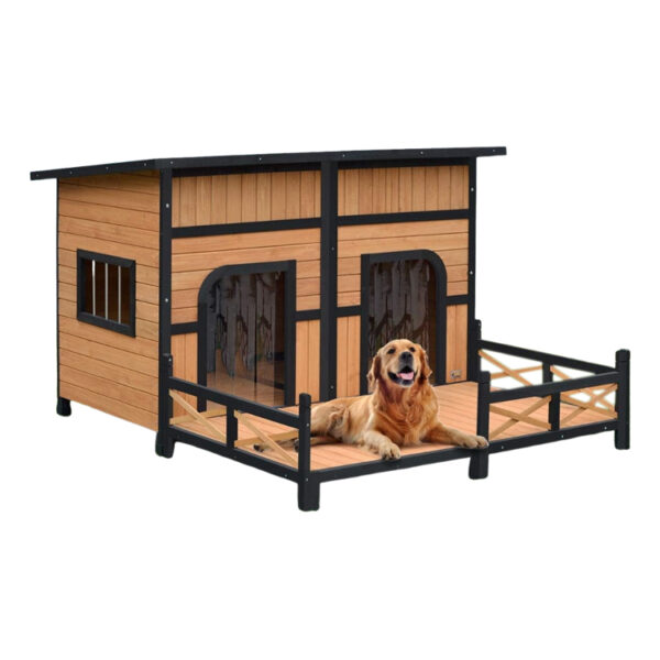 Wooden Dog Kennel with Patio and Dual Doors