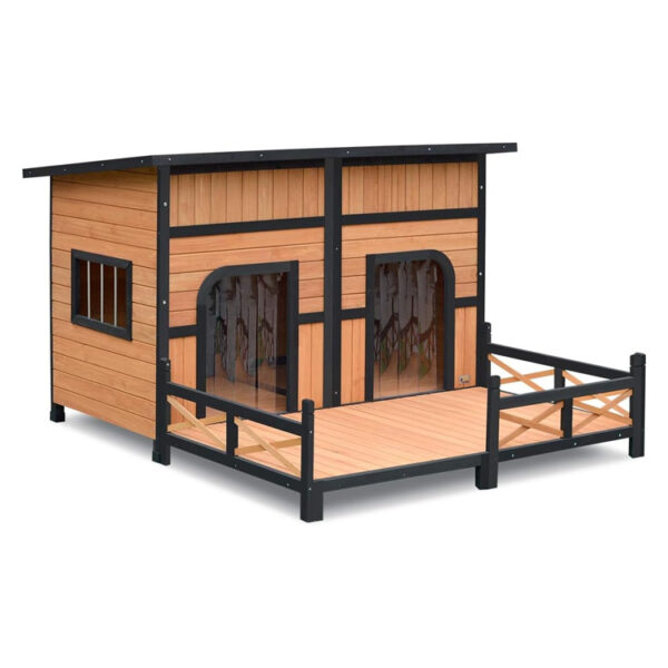 Wooden Dog Kennel with Patio and Dual Doors