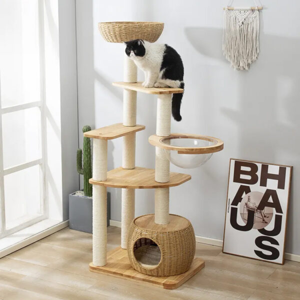 Wooden Multi-Level Cat Tree with Sisal Scratcher and Perches​