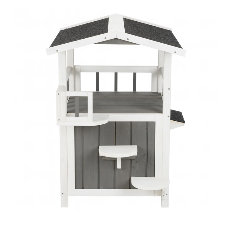 ​​2-Story Wooden Pet House with Shaded Balcony​​
