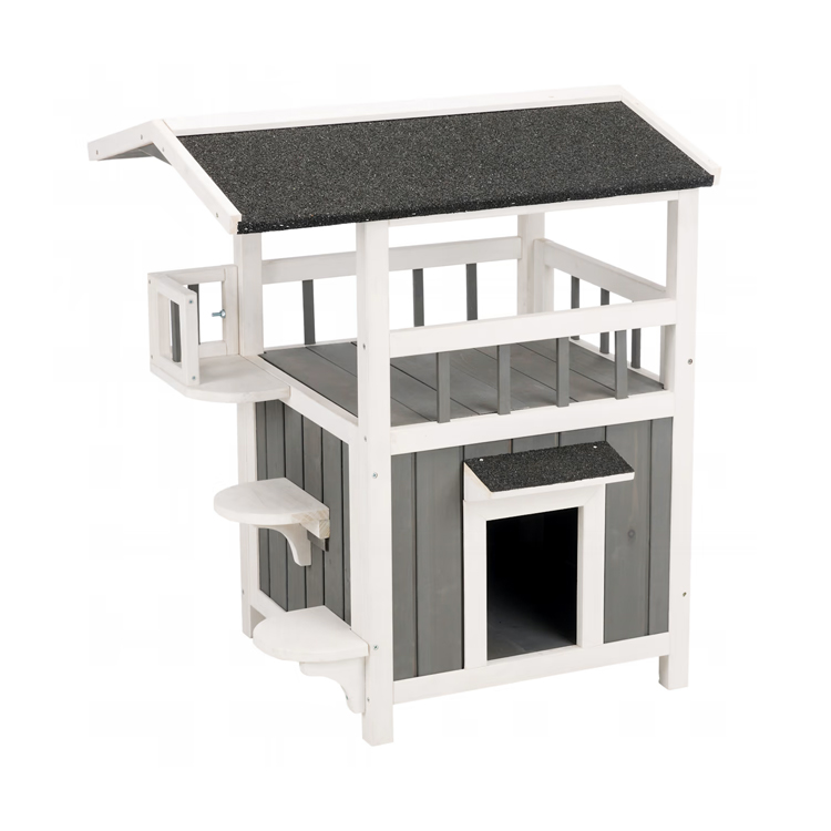 ​​2-Story Wooden Pet House with Shaded Balcony​​