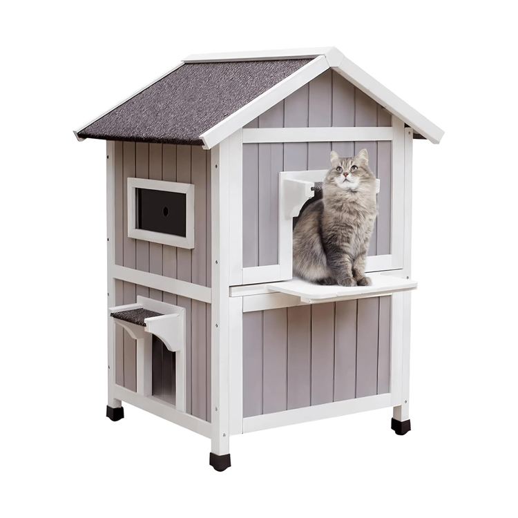 ​​Weatherproof 2-Story Outdoor Cat Shelter with Balcony and Escape Door​​